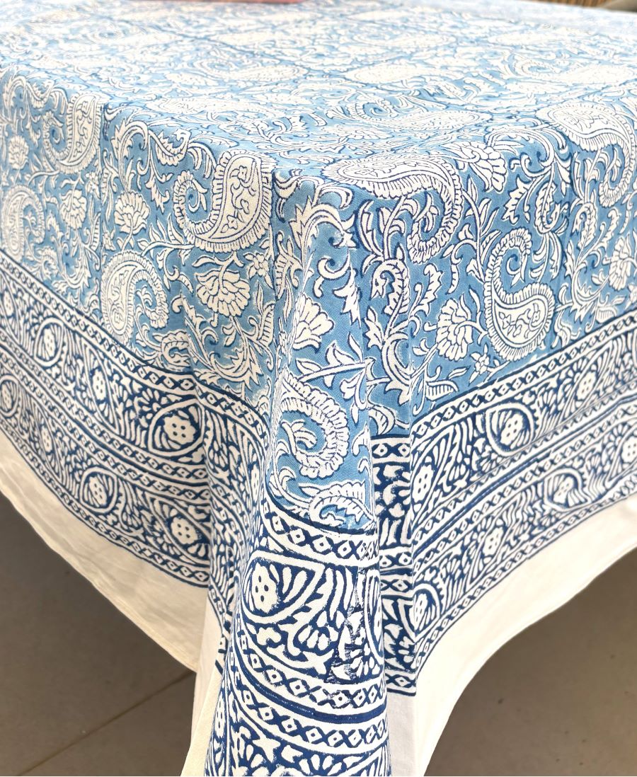 Blue Paisley ka Gulistaan Hand Block Rectangle Table Cover /Cloth