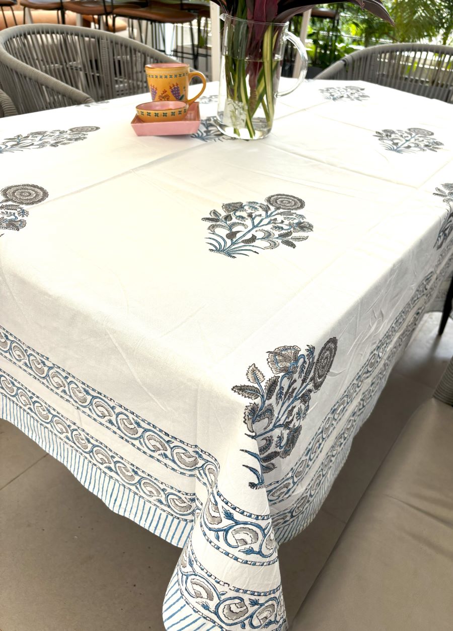 Sunflower Grey & Light Blue Hand Block Rectangle Table Cover /Cloth
