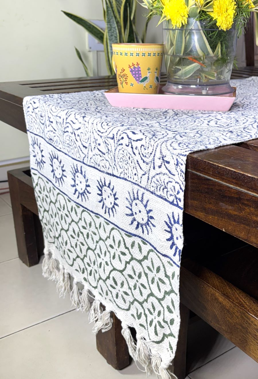 Blue Paisley Floral Hand Block Printed Jute Table Runner