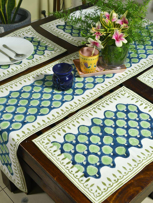 Blue & Green Hand Block Cotton Canvas Table  Runner & Mat Set