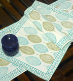 Mehndi Green & Blue Petal Hand Block Cotton Canvas Table Runner & Mat Set