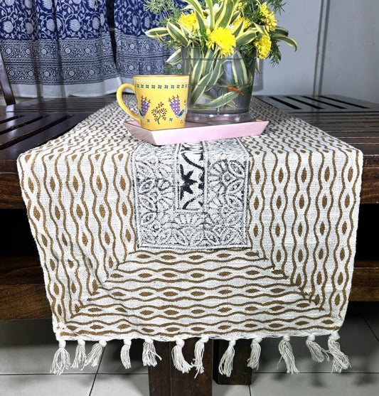 Beige & Black Geometric Flower Hand Block Printed Jute Table Runner