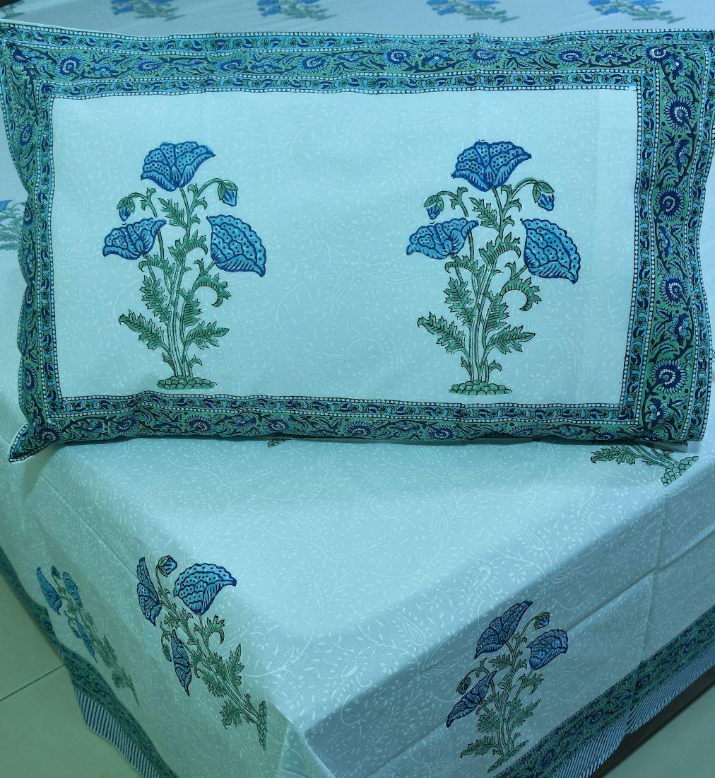 Light Blue Flower Hand Block Bedsheet with 2 Pillow Cover Set - 280TC