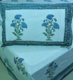 Light Blue Flower Hand Block Bedsheet with 2 Pillow Cover Set - 280TC