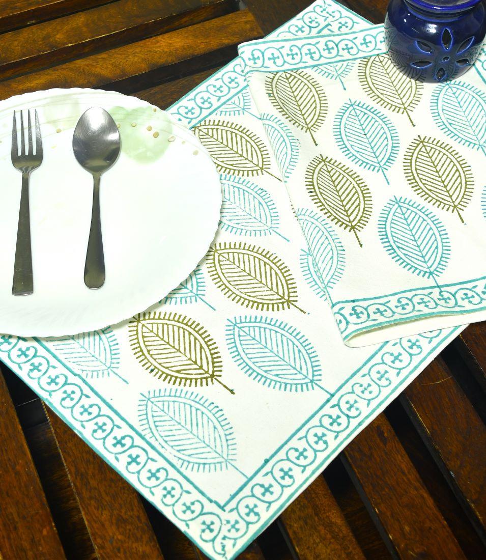 Mehndi Green & Blue Petal Hand Block Cotton Canvas Table Runner & Mat Set