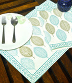 Mehndi Green & Blue Petal Hand Block Cotton Canvas Table Runner & Mat Set