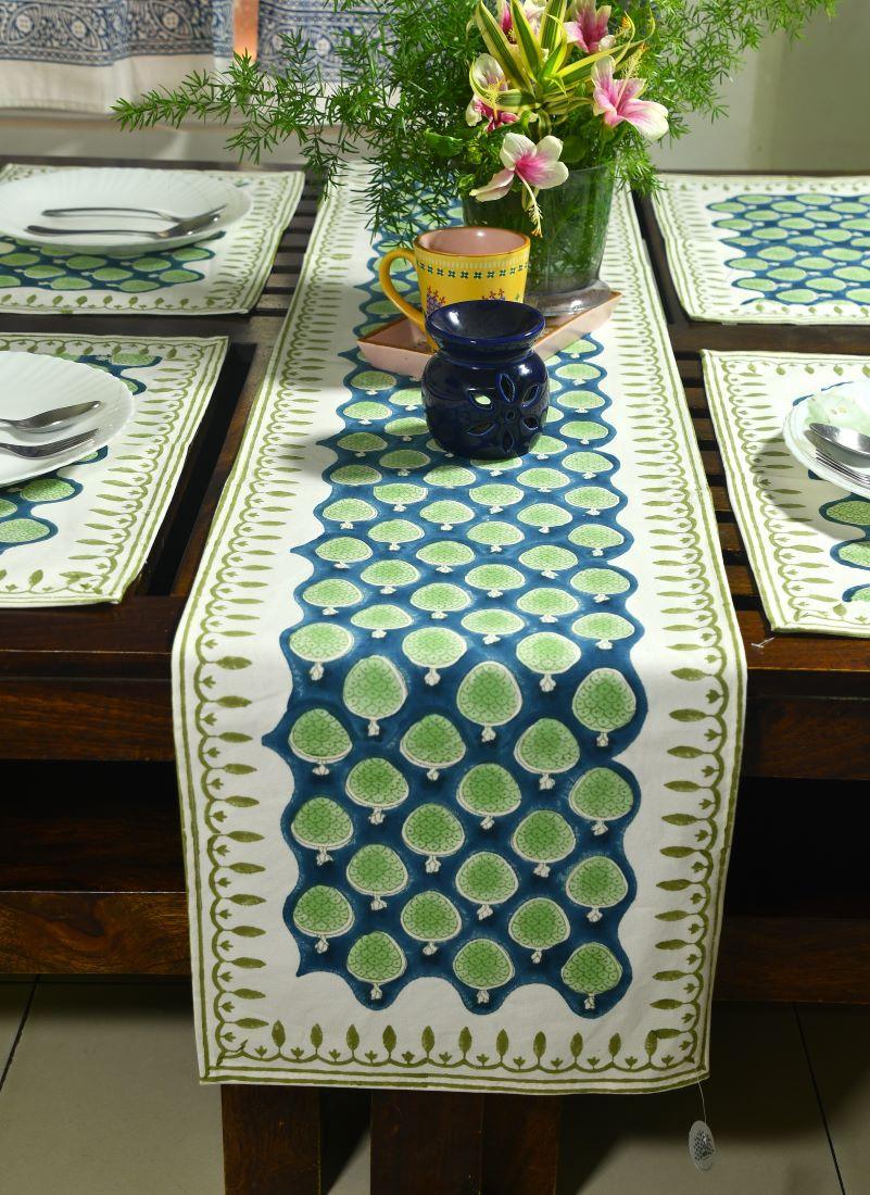 Blue & Green Hand Block Cotton Canvas Table  Runner & Mat Set