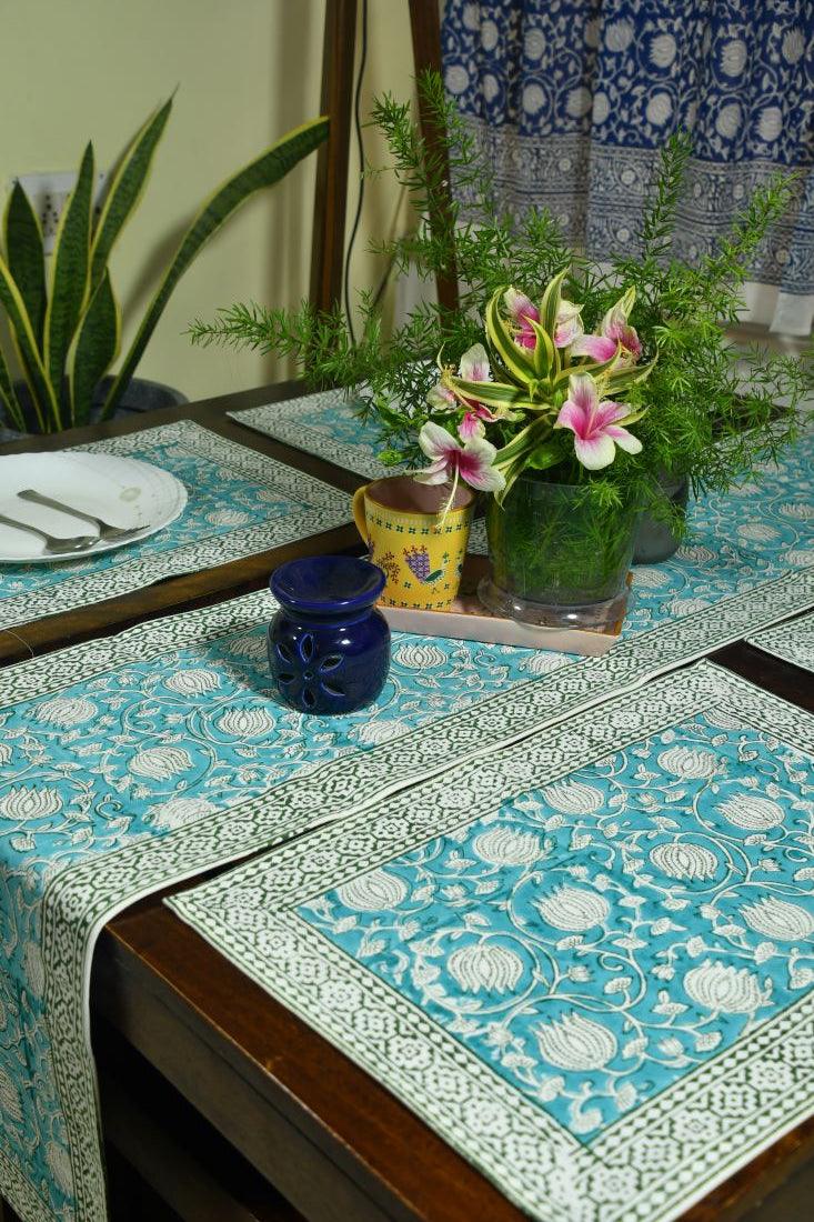 Gaandhar Ke Hare Kamal Hand Block Cotton Canvas Table  Runner & Mat Set