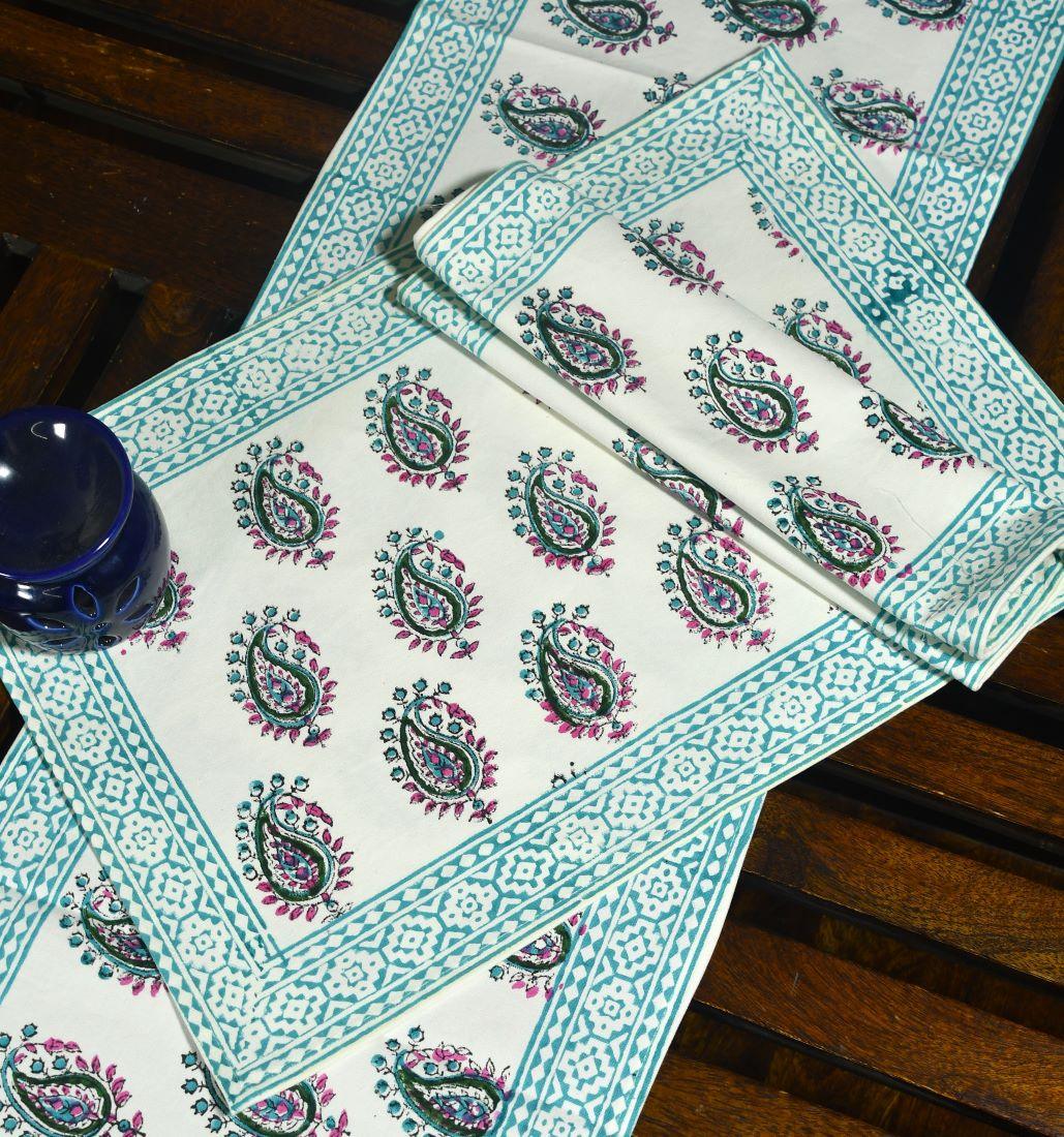Rangeen Paisley Hand Block Cotton Canvas Table Runner & Mat Set