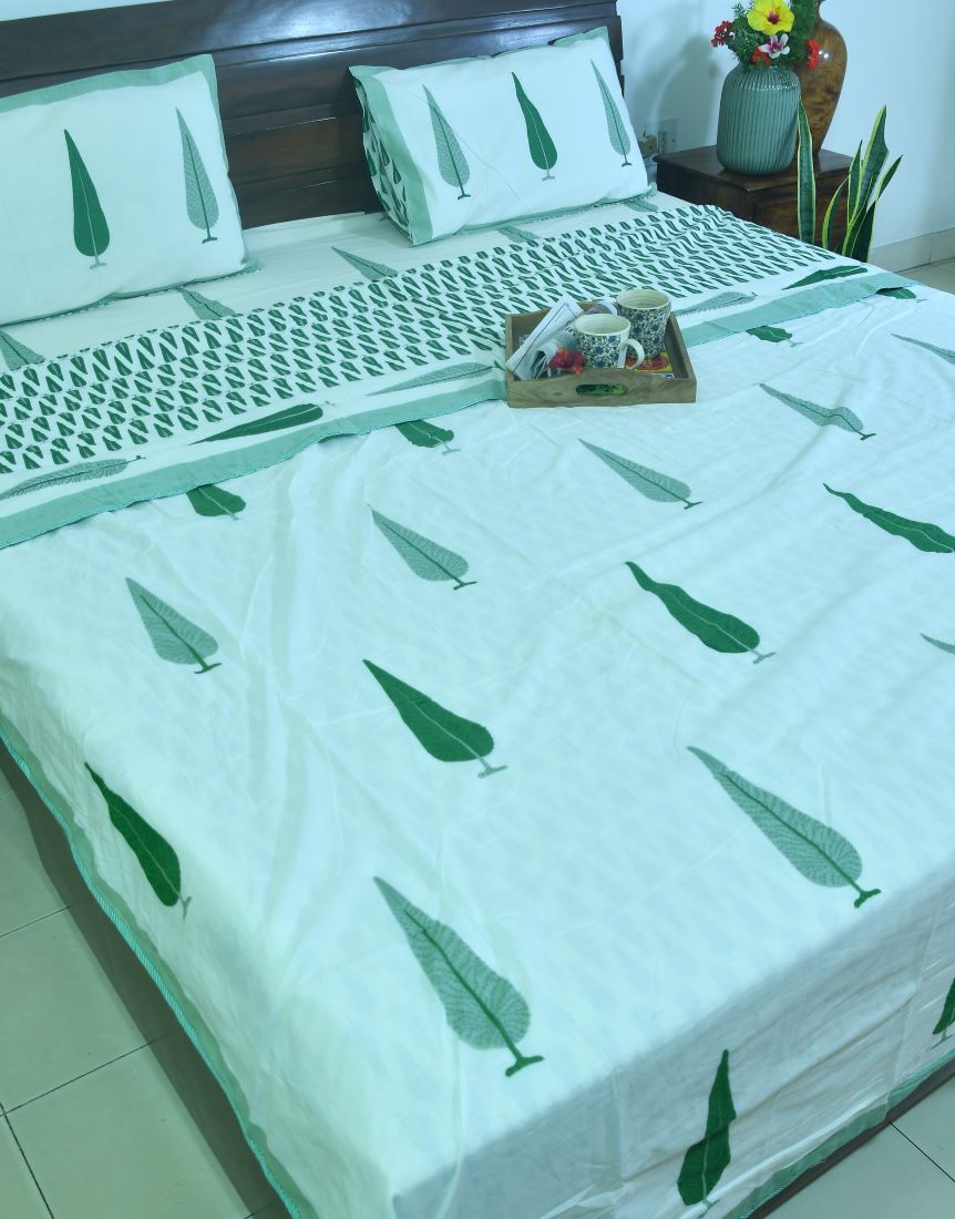 Green Gulbahaar Jaal  Bedsheet & Dohar Set – Hand Block Printed