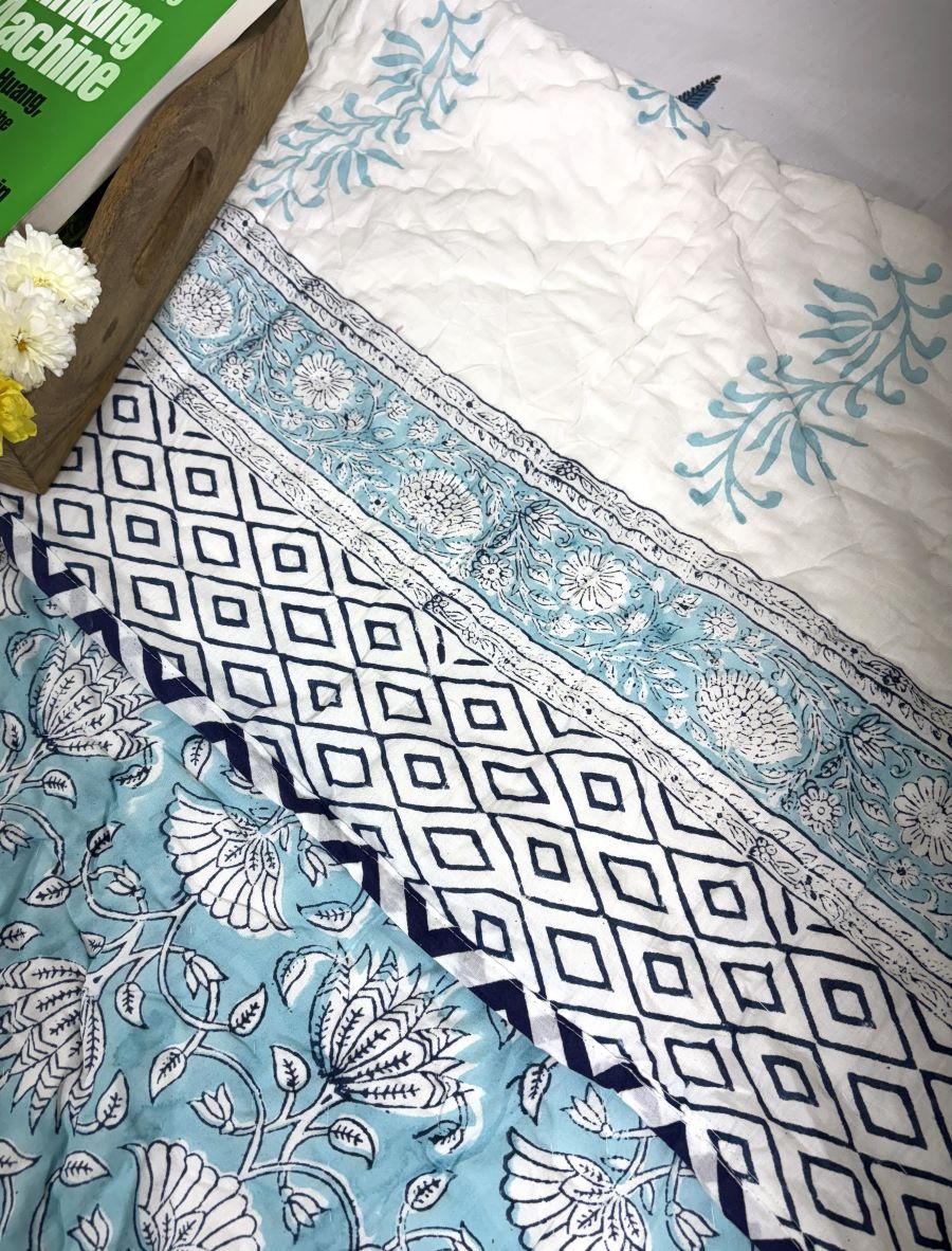 Sky Blue Flower Jaal Patterns Bedsheet & Quilt/ Razai Set - Hand Block Printed