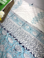Sky Blue Flower Jaal Patterns Bedsheet & Quilt/ Razai Set - Hand Block Printed