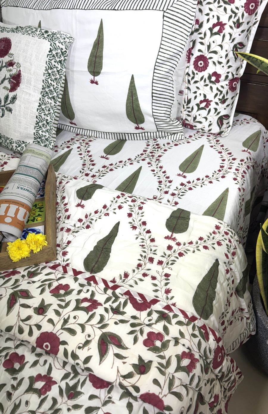 Green & Maroon Tree of Life Patterns Hand Block Bedsheet & Quilt/ Razai Set - Hand Block Printed