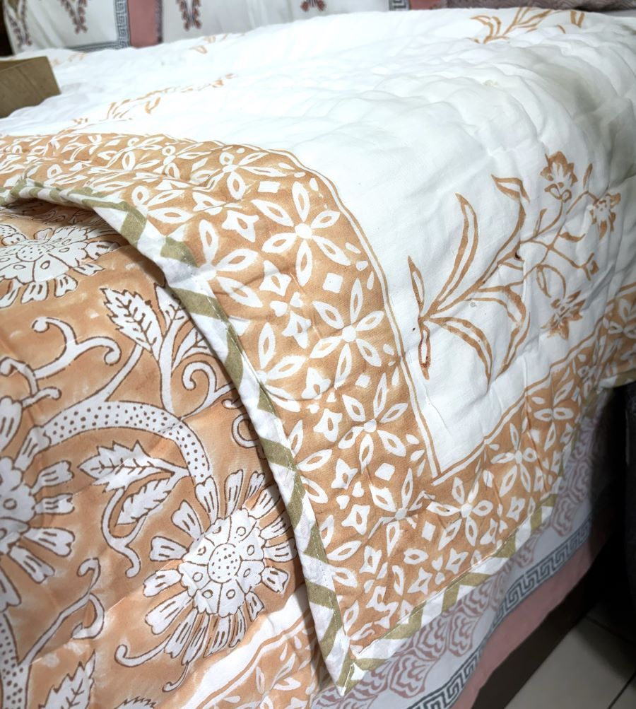Orange Round Flower Jaal Patterns Bedsheet & Quilt/ Razai Set - Hand Block Printed