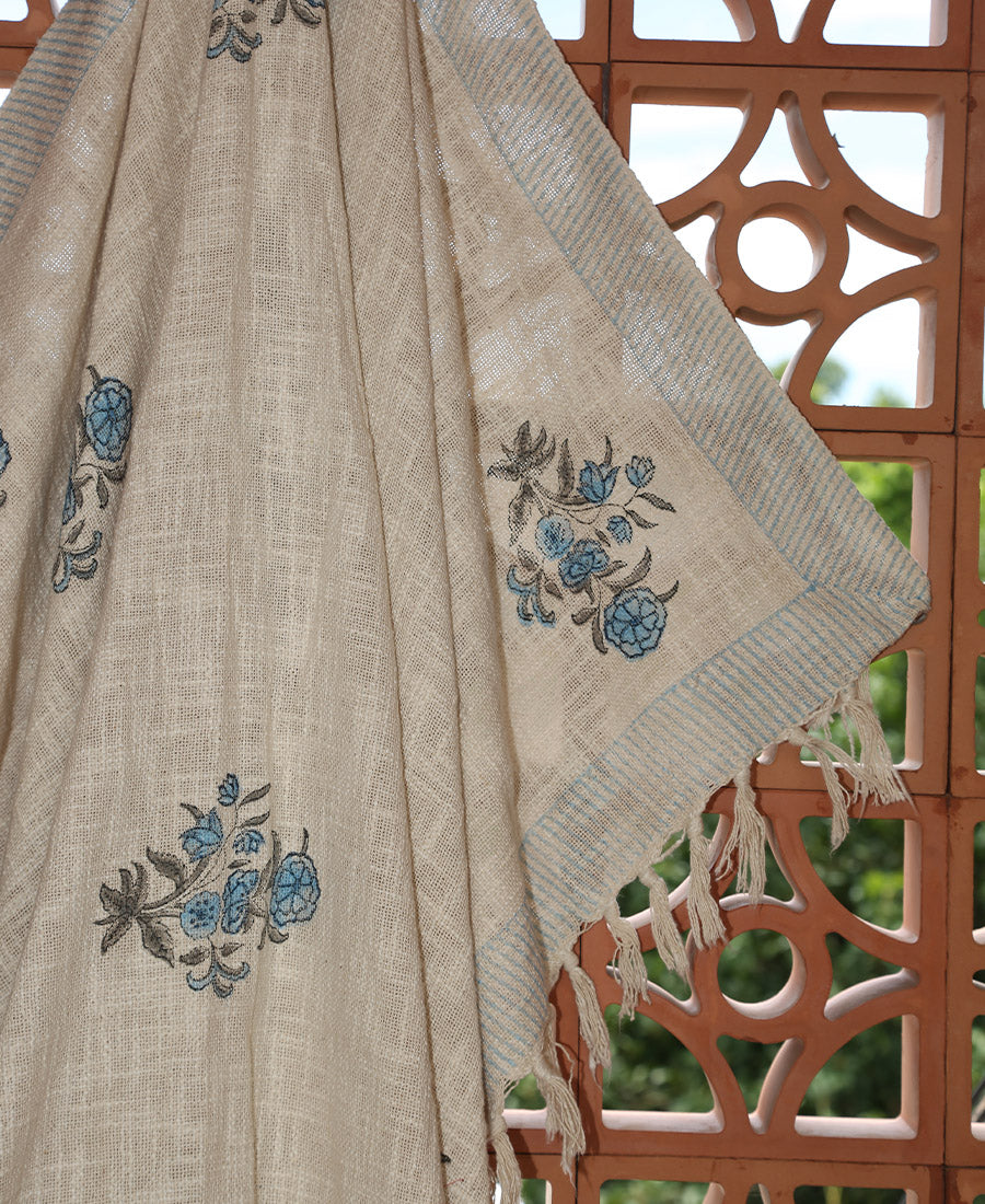 Green Flower Jute Fabric Hand Block Sofa Throw