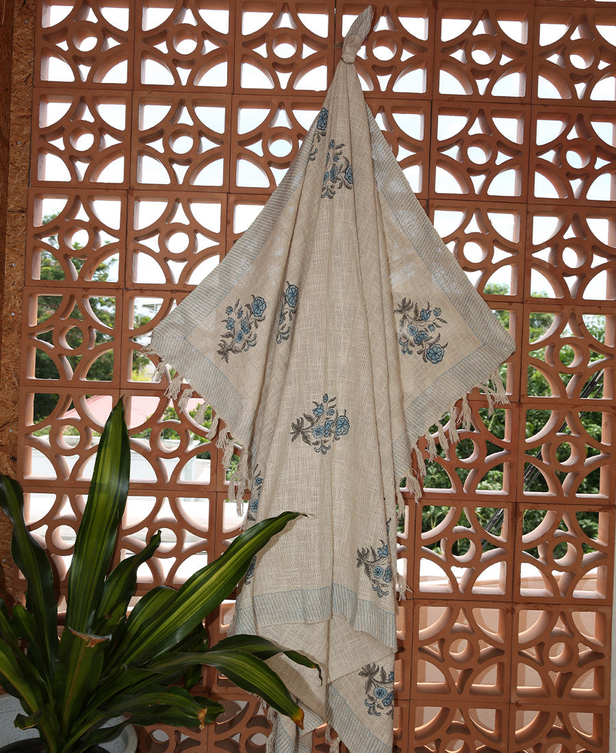 Green Flower Jute Fabric Hand Block Sofa Throw