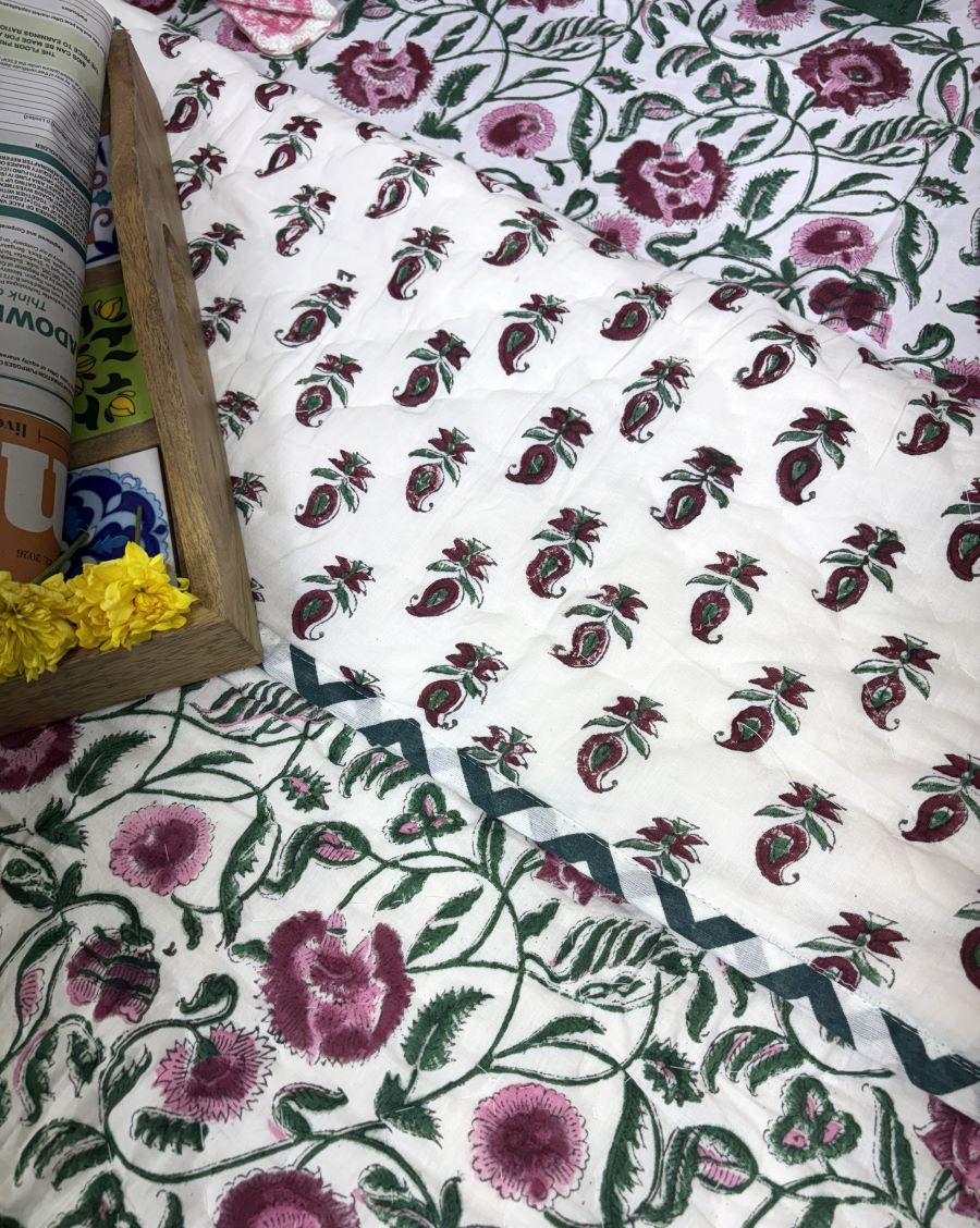 Maroon, Pink & Green Floral Patterns Hand Block Quilt/ Razai
