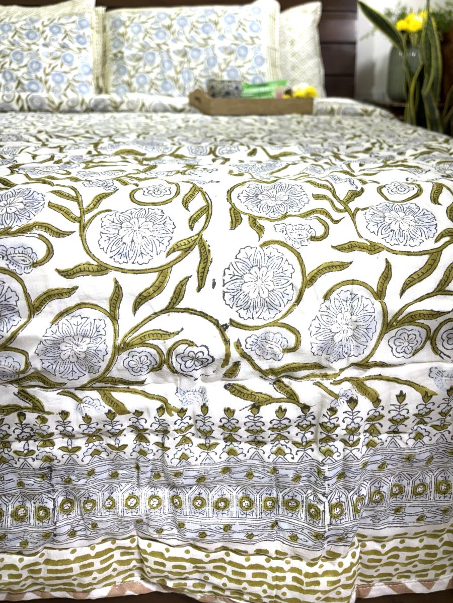 Green Flower Jaal Patterns Hand Block Quilt/ Razai