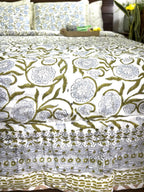 Green Flower Jaal Patterns  Bedsheet & Quilt/ Razai Set - Hand Block Printed