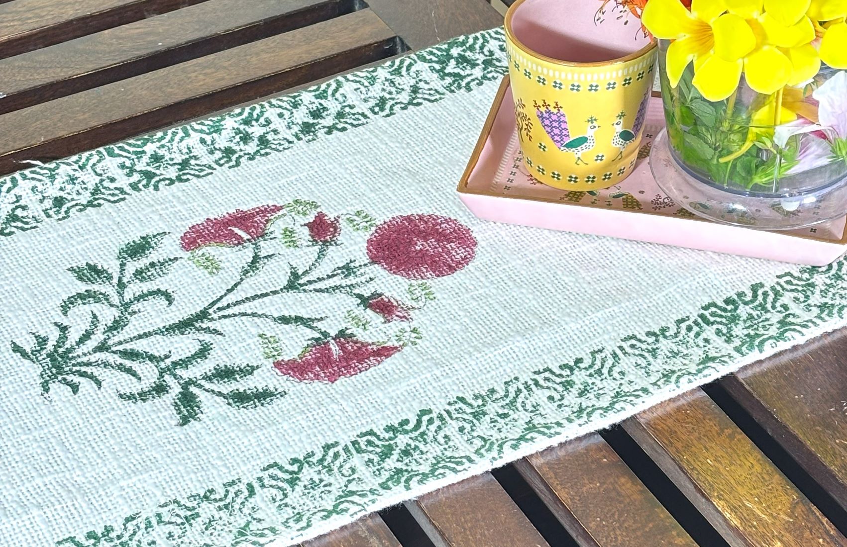 Red Sunflower Hand Block Printed Jute Table Runner