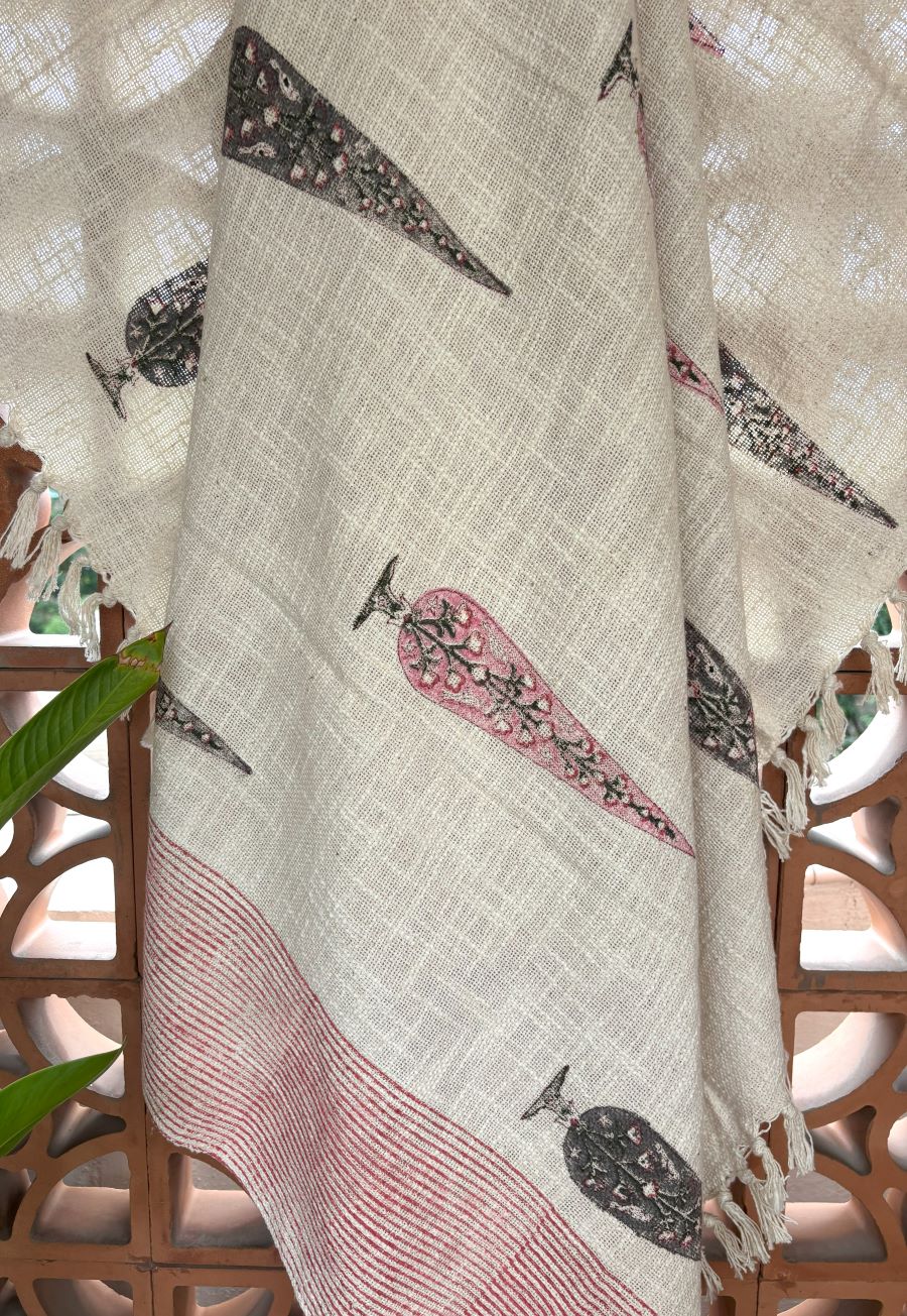 Pink & Grey Gulbahaar Jute Fabric Hand Block Sofa Throw