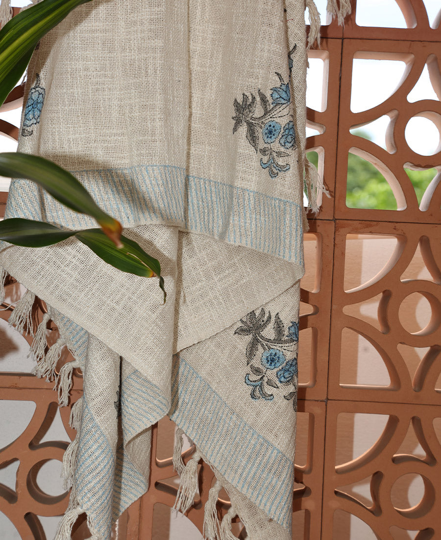Green Flower Jute Fabric Hand Block Sofa Throw
