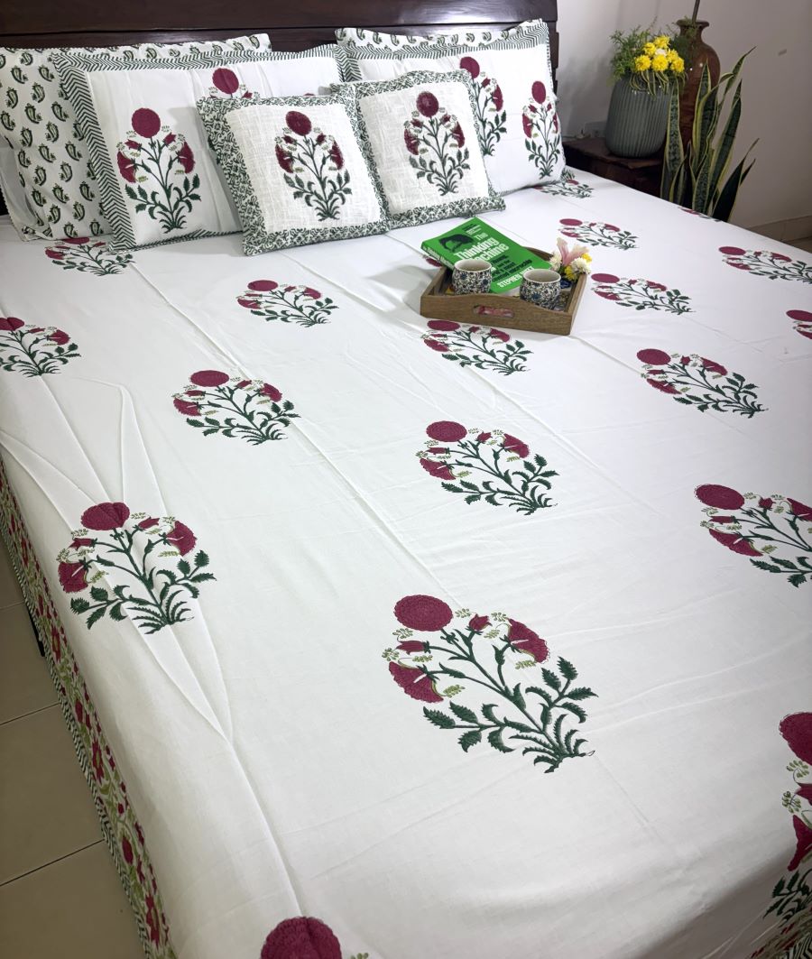 Red & Green Sunflower Patterns Hand Block Bedsheet with 2 Pillow Cover Set - 400TC