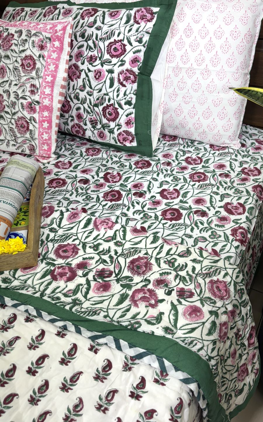Maroon, Pink & Green Floral Patterns Hand Block Quilt/ Razai