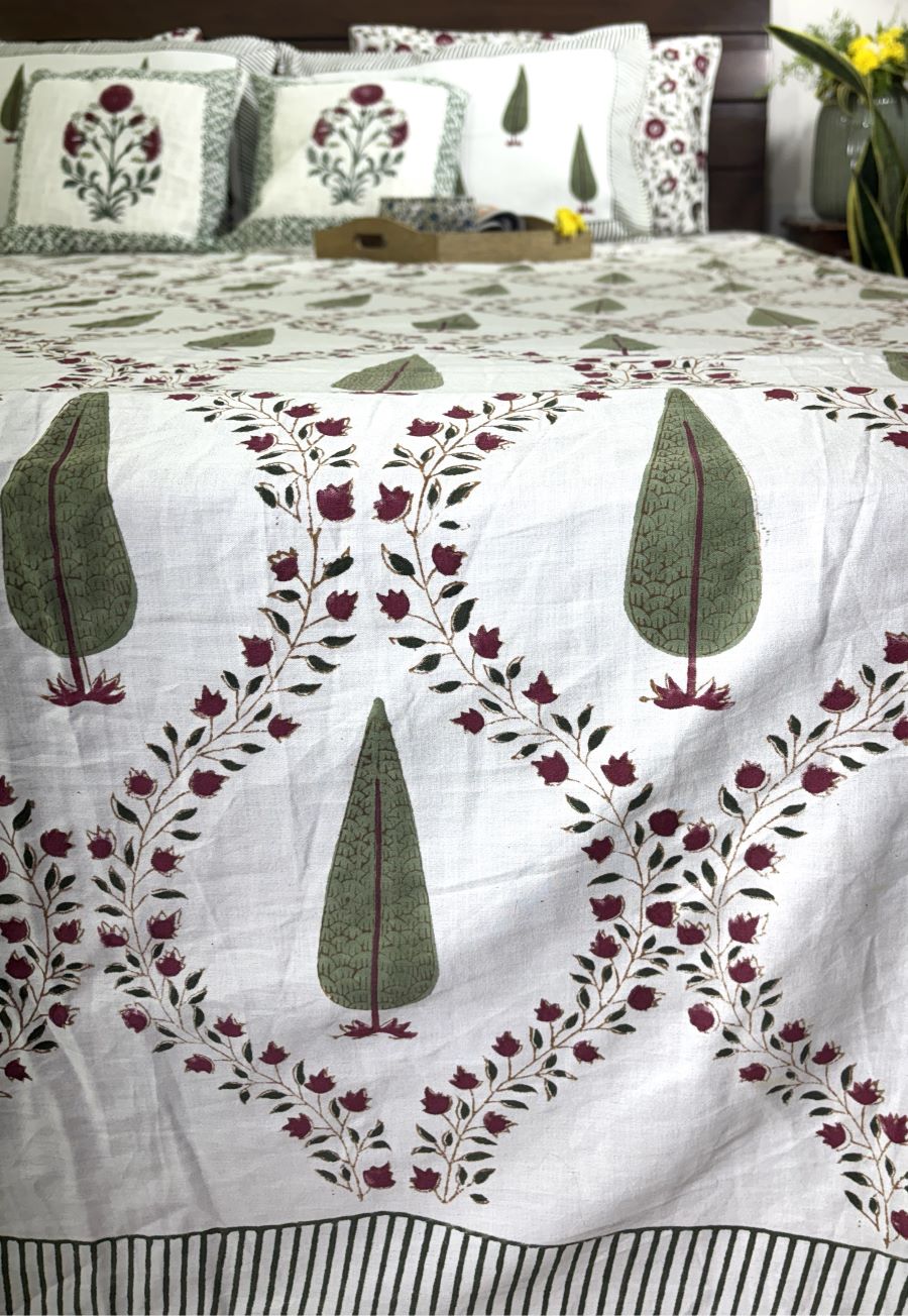 Green & Maroon Tree of Life Patterns Hand Block Bedsheet with 2 Pillow Cover Set - 400TC
