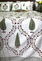 Green & Maroon Tree of Life Patterns Hand Block Bedsheet with 2 Pillow Cover Set - 400TC