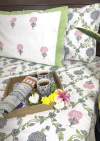 Jacobean floral Pink & Grey Hand Block Bedsheet with 2 Pillow Cover Set - 220TC
