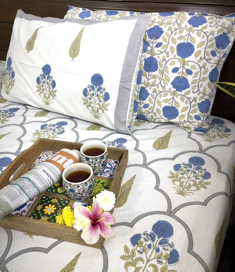 Blue Gulbahar Sunflower Hand Block Bedsheet with 2 Pillow Cover Set - 220TC