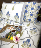 Blue Gulbahar Sunflower Hand Block Bedsheet with 2 Pillow Cover Set - 220TC