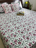 Maroon, Pink & Green Floral Patterns Hand Block Bedsheet with 2 Pillow Cover Set - 400TC