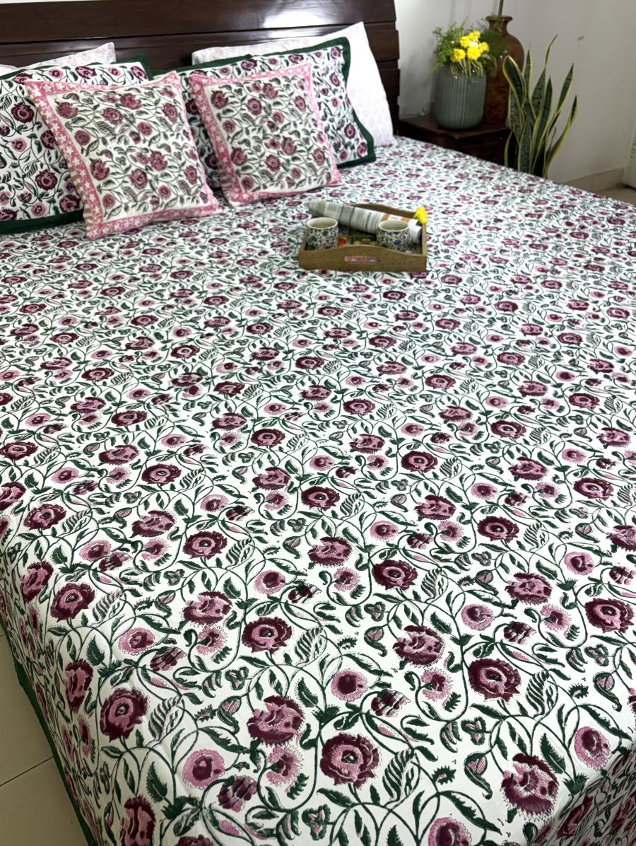 Maroon, Pink & Green Floral Patterns Hand Block Bedsheet with 2 Pillow Cover Set - 400TC