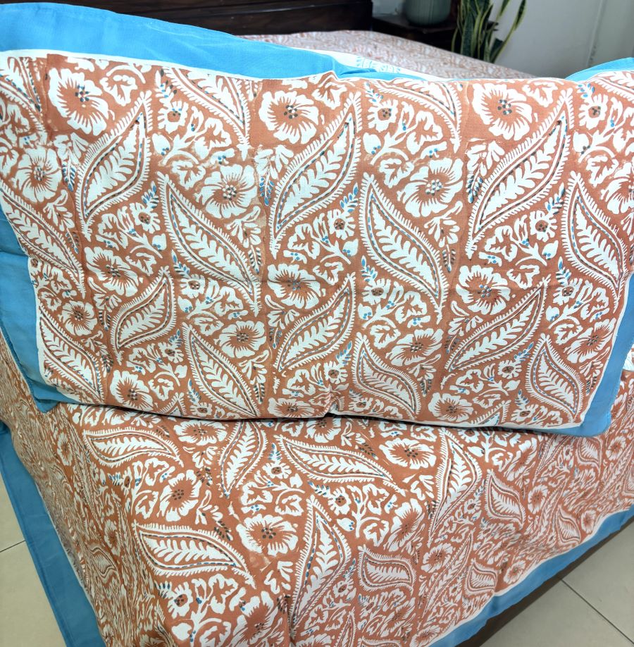 Orange Leaf Patterns  Hand Block Bedsheet with 2 Pillow Cover Set - 400TC