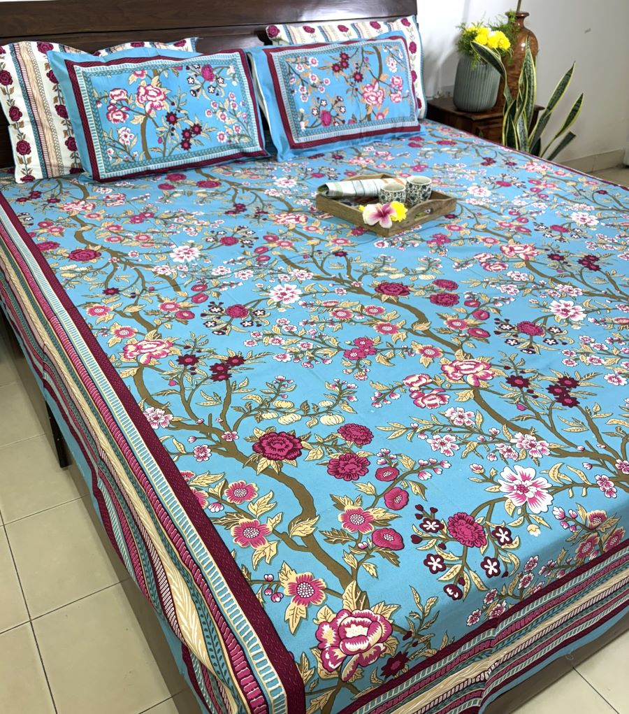 Morning at the Mughal Gardens Hand Block Bedsheet with 2 Pillow Cover Set - 220TC