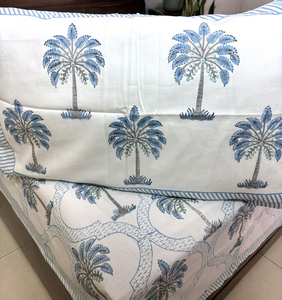 Light Blue Palm Tree Patterns Hand Block Bedsheet with 2 Pillow Cover Set - 400TC