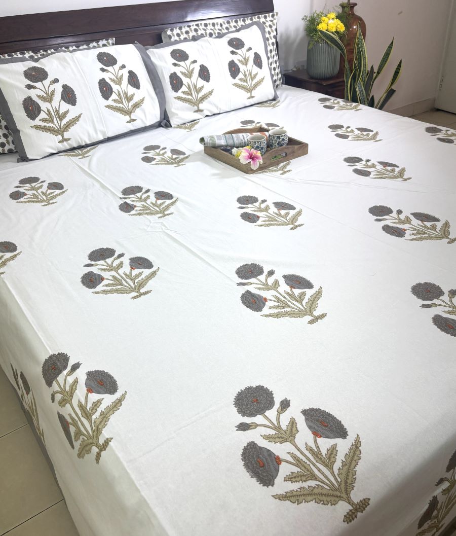 Grey Marigold Hand Block Bedsheet with 2 Pillow Cover Set - 220TC