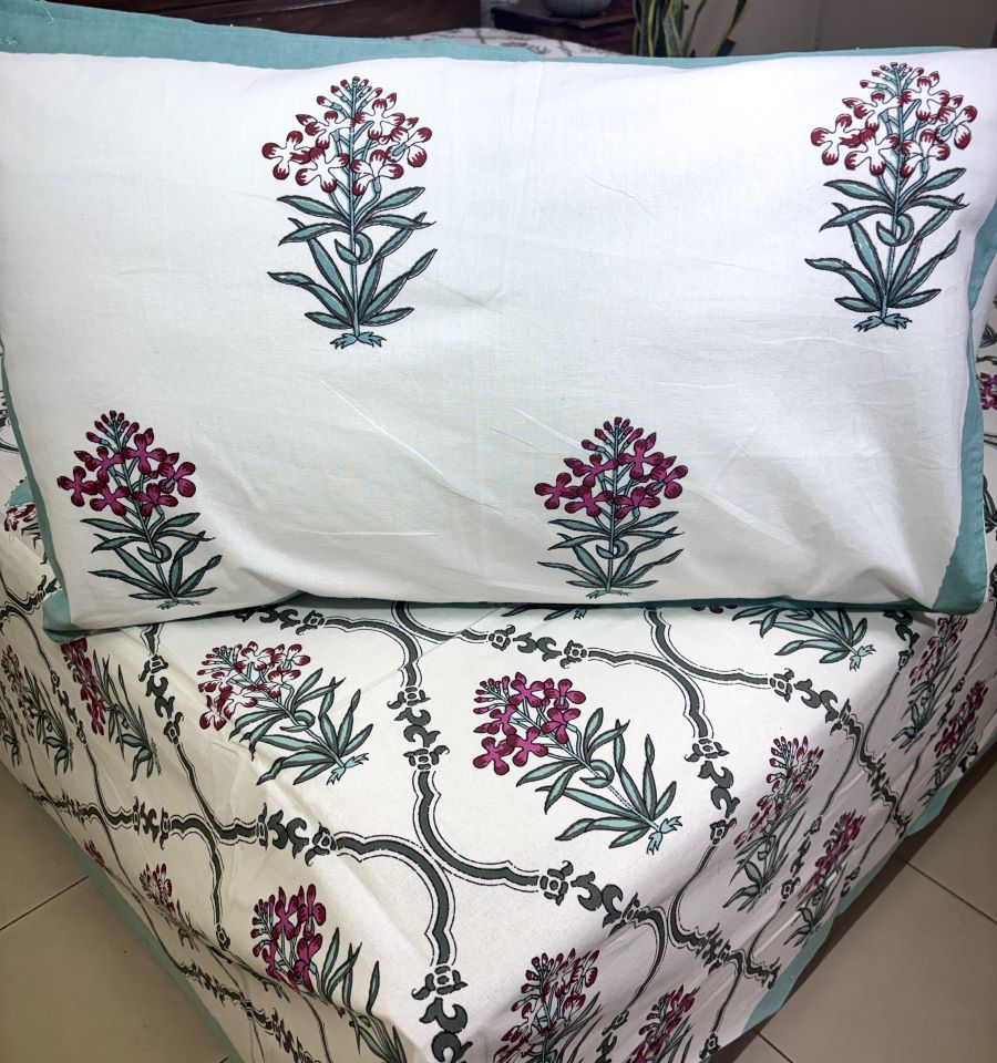 Pink Lilly Motif Jaal  Hand Block Bedsheet with 2 Pillow Cover Set - 220TC