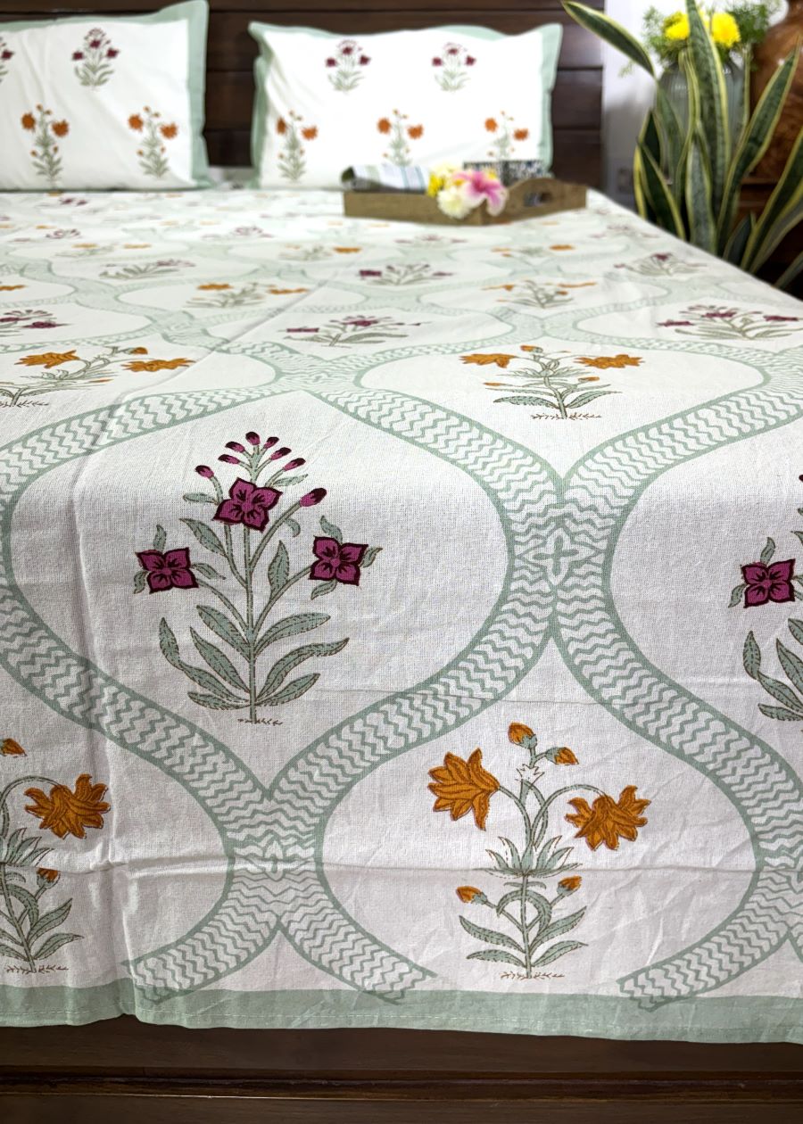 Floral Jaal Pink & Yellow Lilly Hand Block Bedsheet with 2 Pillow Cover Set - 220TC
