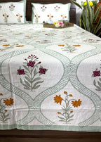 Floral Jaal Pink & Yellow Lilly Hand Block Bedsheet with 2 Pillow Cover Set - 220TC