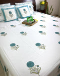 Turquoise Blue Floral Motif  Hand Block Bedsheet with 2 Pillow Cover Set - 400TC