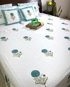 Turquoise Blue Floral Motif  Hand Block Bedsheet with 2 Pillow Cover Set - 400TC