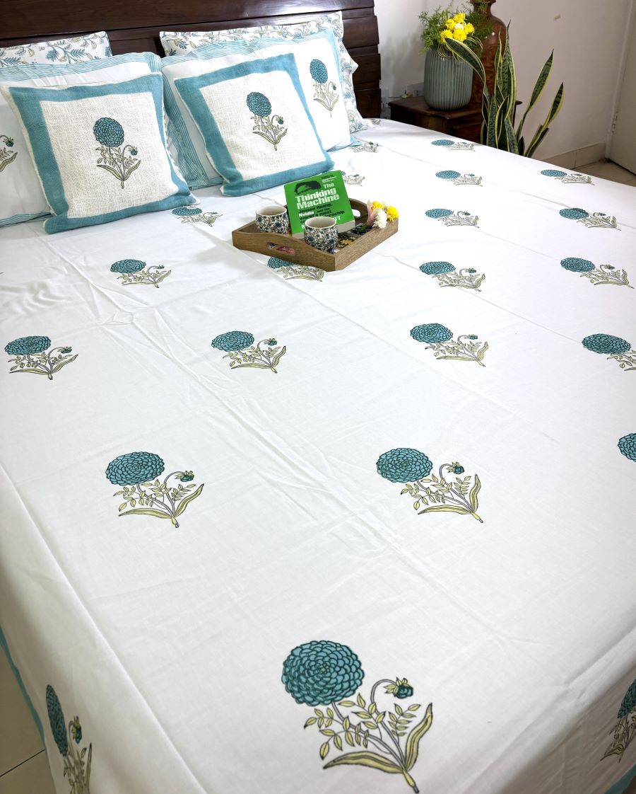 Turquoise Blue Floral Motif  Hand Block Bedsheet with 2 Pillow Cover Set - 400TC