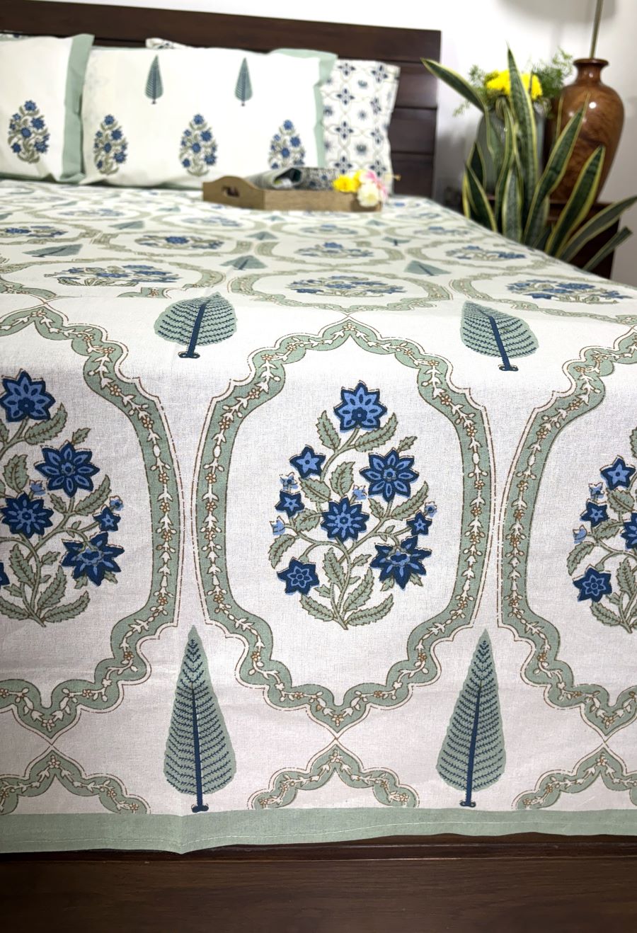 Blue Gulbahar Jaal Hand Block Bedsheet with 2 Pillow Cover Set - 220TC
