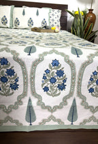 Blue Gulbahar Jaal Hand Block Bedsheet with 2 Pillow Cover Set - 220TC