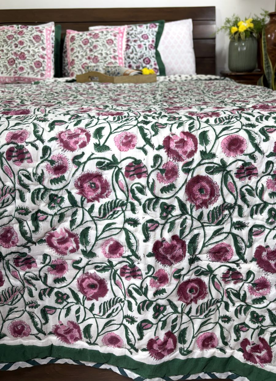 Maroon, Pink & Green Floral Patterns Hand Block Quilt/ Razai
