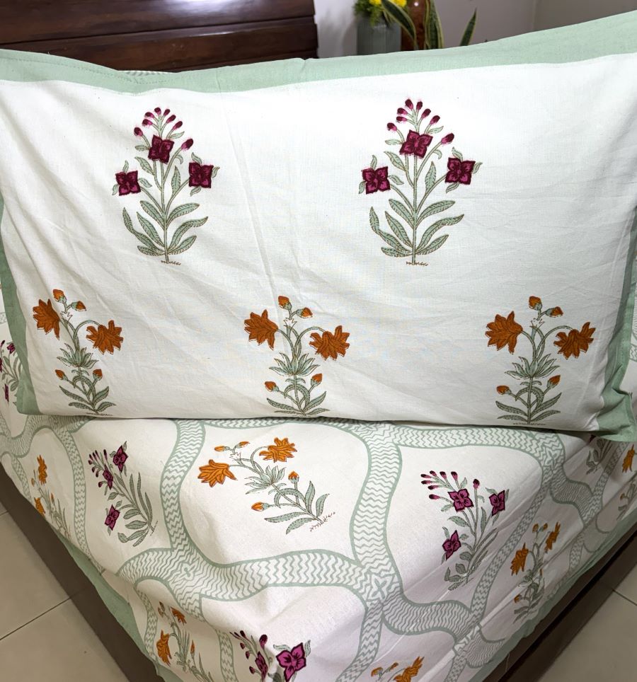Floral Jaal Pink & Yellow Lilly Hand Block Bedsheet with 2 Pillow Cover Set - 220TC