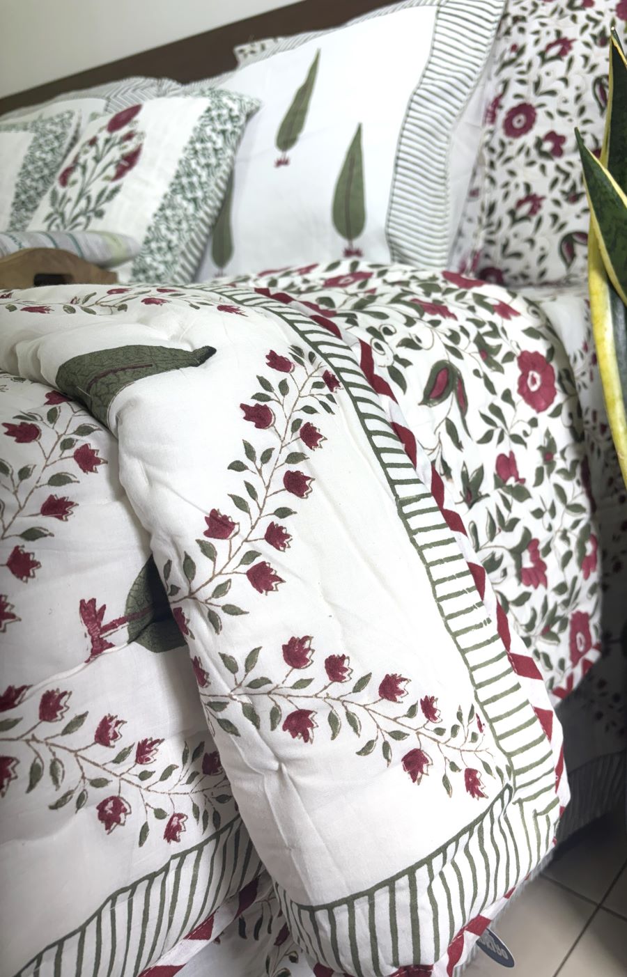 Green & Maroon Tree of Life Patterns Hand Block Quilt/ Razai